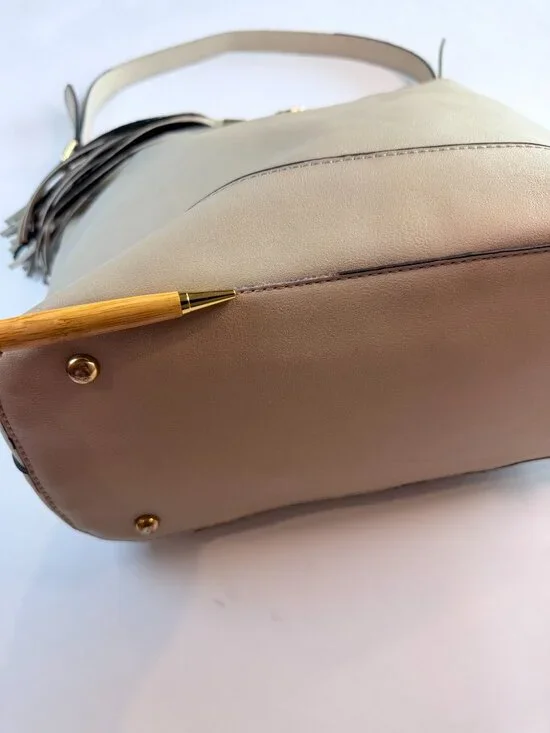 Lulu Dharma Napa Vegan Leather Tassel Hobo Bag Stone Gray Beige Shoulder Handbag - Picture 7 of 14